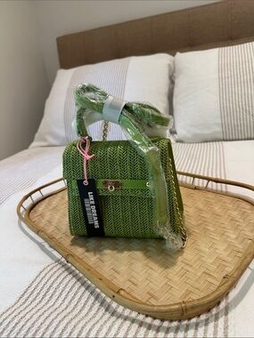 LIKE DREAMS Green Woven Crossbody Bag with Chain Strap